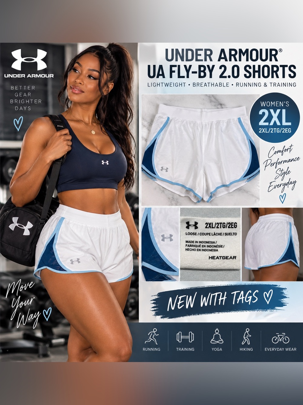 Under Armour Women's White Athletic Fly-By 2.0 Shorts with Blue Trim